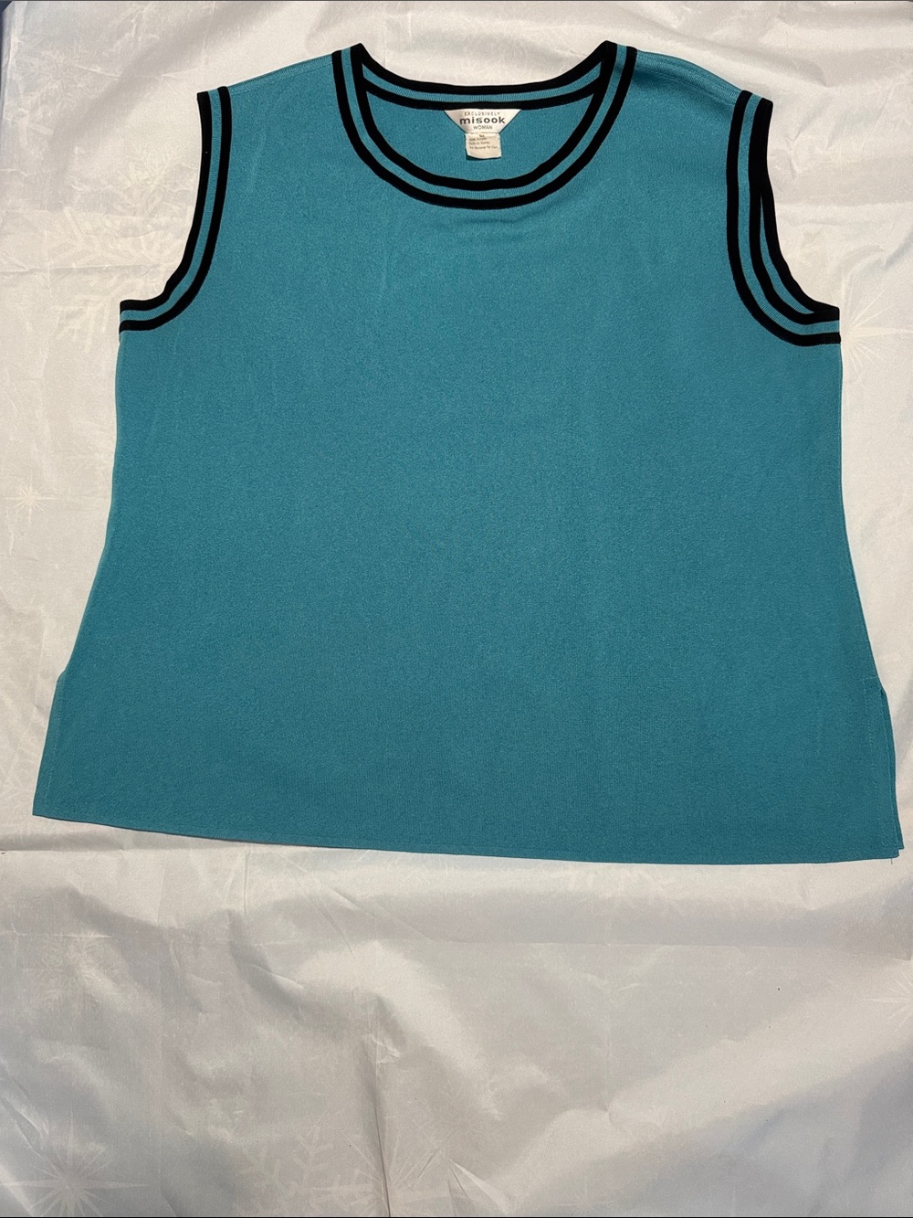 Misook Turquoise Sleeveless Knit Top with Black Trim